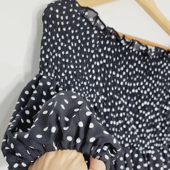 Qed London Women's Black Polka Dot Print Puff Sleeve Off Shoulder Blouse Size XS - Picture 3 of 10